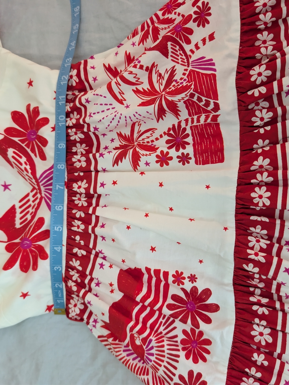 FARM Rio Red & White Toucan Tropical Print Puff Sleeve Tiered Midi Dress XS - Picture 7 of 8